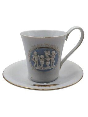 Vintage Candrea Porcelain Cherub Tea Cup & Saucer Japan Jasperware Gold Trim
